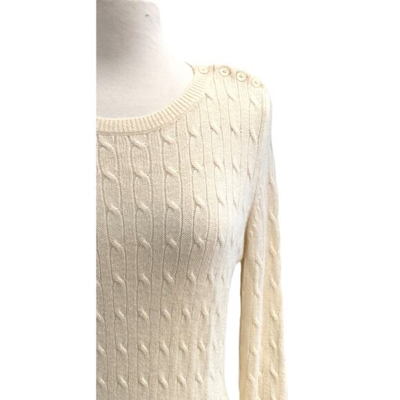 Talbots Cable Knit Sweater Ivory M Button Shoulders Lambswool Classic Capsule - Picture 8 of 9